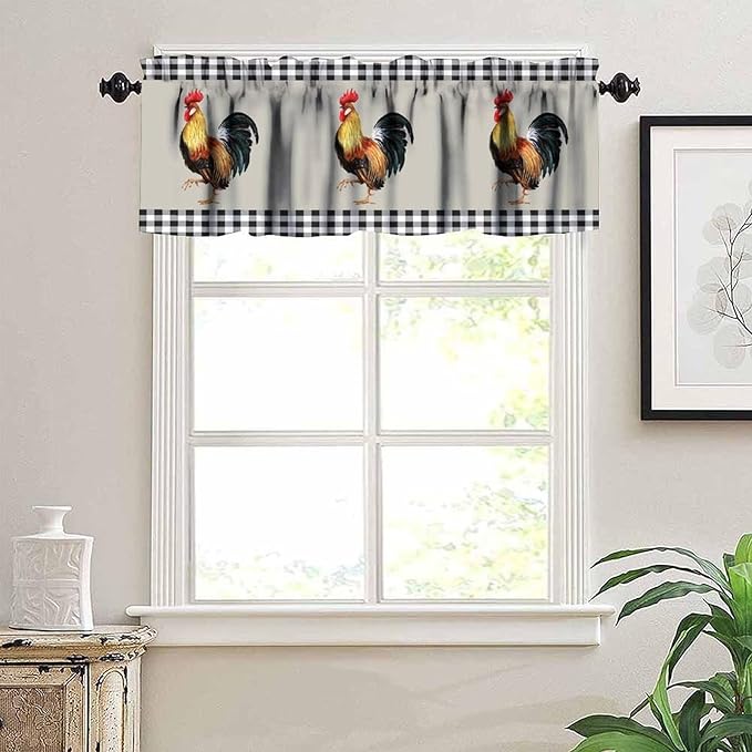 Rooster Kitchen Curtains Watercolor Vintage Rustic Farm Chicken Black White Buffalo Plaid Rod Pocket Curtain Valance for Kitchen Bedroom Living Room Decor 1 Panel W54xL18 Inch