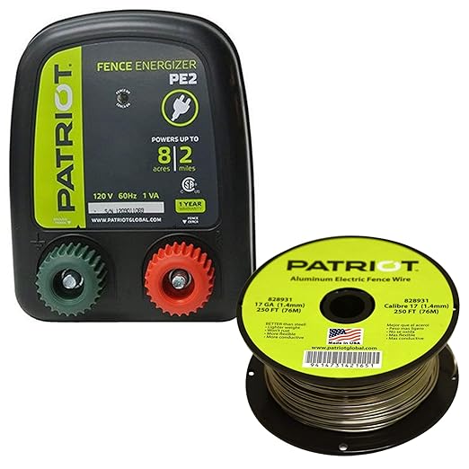 Patriot PE2 Electric Fence Energizer Plus 250-Feet Made in U.S.A. 17 Gauge Spool Aluminum Wire - Electric Fence Chargers for Livestock - Electric Fence Kit