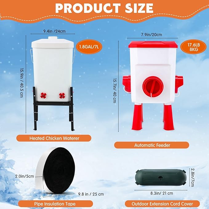 4 Pcs 1.8 Gallon 2 in 1 Heated Chicken Waterer with Heated Stainless Steel Table 18 Pounds Automatic Chicken Feeder Waterproof Outlet Box Pipe Insulation Tape Wrap for Winter Chick Coop