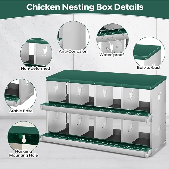 Nesting Boxes for Chickens, 8 Compartments, Nesting Boxes with 4 Dummy Eggs and 10 Dampproof Pets Mats, Green, Stainless Steel, Wall-Mountable & Roll Away Design