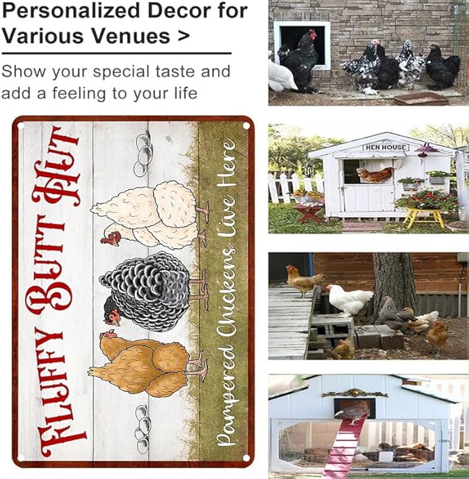 Fluffy Butt Hut Metal Tin Sign Funny Chicken Coop Sign For Home Decor Kitchen Decoration Wall Art Farm Farmhouse Vintage Decor Chicken Coop Accessories 12X16 Inch