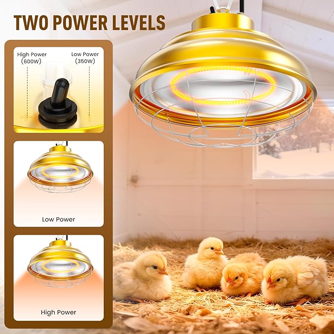 600 Watt Large Heat Lamp for Chicken Coop, Hanging Chicken Coop Heater, Carbon Fiber Bulb Waterproof Coop Heater with 2 Heating Levels, Chicken Warmer Lamp for Indoor Poultry Pet Livestock Greenhouse