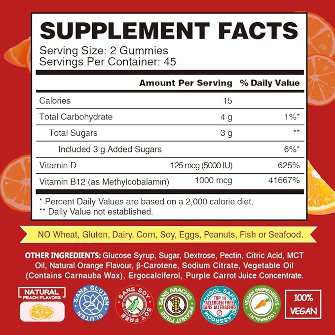 Vitamin B12 D3 Vegan Gummies - 90 Count I 1000 MCG Methyl B12 & 5000 IU Vitamin D Gummy Chewable Supplements for Adults & Kids - Immune Health & Daily Energy Boost - Non-GMO, Orange