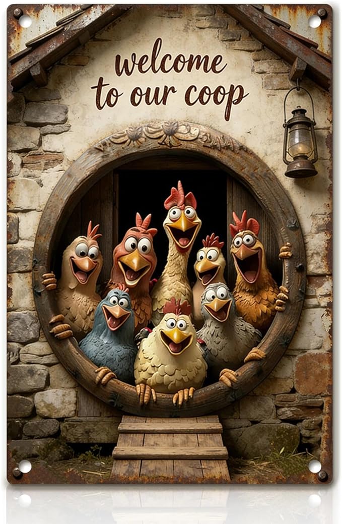 Funny Chicken Coop Signs - Vintage Sign Metal Tin Welcome To Our Coop For Chicken Lovers Gifts Outdoor Home Farm Wall Art Decor 8x12 Inch