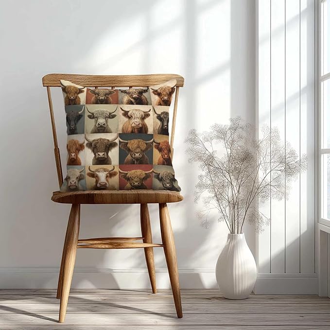 Highland Cow Patchwork Print Throw Pillow Covers 18x18 Inch, Set of 2 | Western Farmhouse Square Cushion Cases for Couch & Living Room | Rustic Country Home Decor, Decorative Pillowcases
