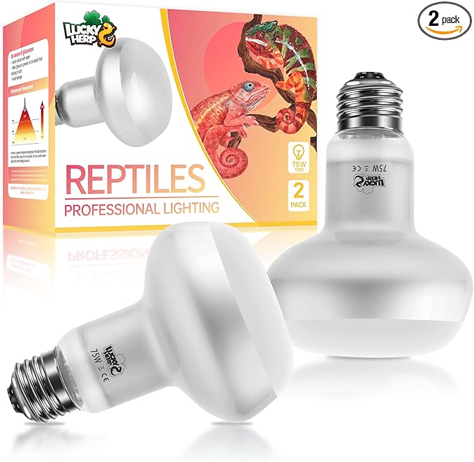 LUCKY HERP Intense Heat Lamp Bulbs for Reptiles 75W 2 Pack, UVA Daylight Reptile Heat Lamp, Reptile Basking Heat Light Bulb for Amphibian, Tortoise, Bearded Dragon, Lizard, Turtle, Snake Heating Use