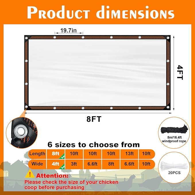 NNG 4 x 8ft Waterproof Chicken Coop Cover for Winter,Anti-Tear Chicken Run Tarp with Rope & Cable Tie,Chicken Coop Insulation Windproof Winterizing Cover for Poultry Cage Patio Covering