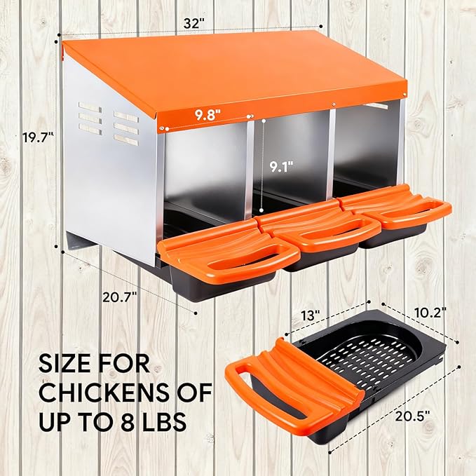 Chicken Nesting Boxes with 3 Cozy and Roll-Away Design - Chicken coop Nesting Boxes,Private Laying Spot & Enables Effortless Egg Collection (Orange)