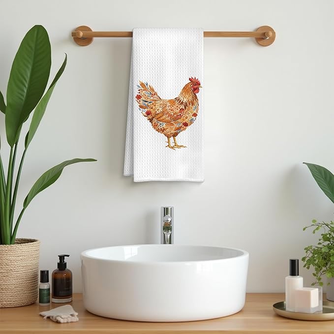Rustic Red Floral Rooster Kitchen Towels, Gifts for Chicken Lovers Dish Tea Towels, Farmhouse Flower Chicken Decorative Hand Towel for Bathroom Kitchen, 16x24 Inch