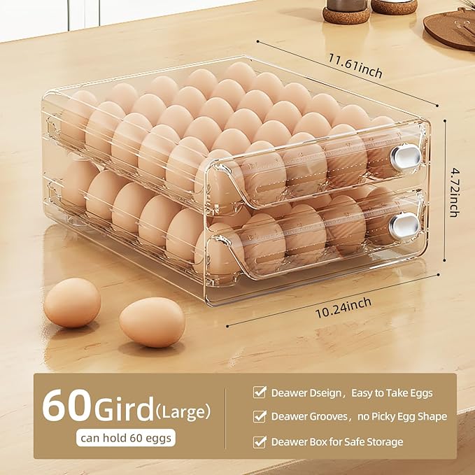 60 Eggs Organizer for Refrigerator, Large Egg Holder for Fridge, Clear Egg Container for Refrigerator, Stackable Egg Storage Trays for Countertop, Egg Drawer Dispenser, Egg Storage Container