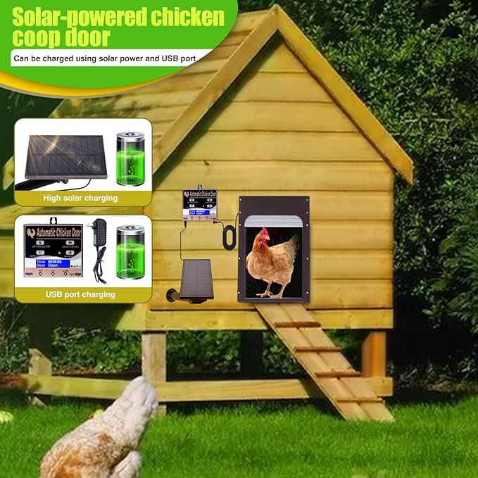 Automatic Chicken Coop Door Solar Powered - Remote Control/Timer/Light Sensor 3 Modes, Anti-Pinch Safety System with LCD Display & Auto Lock