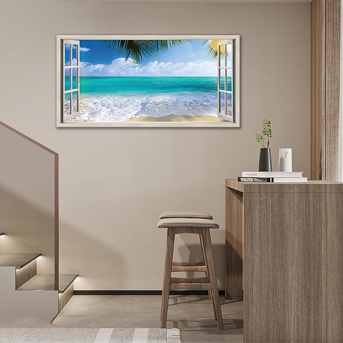 Beach Window Wall Art Ocean Palm Pictures Wall Decor Coastal Large Canvas Prints Paintings Home Office Decorations Framed Artwork for Living Room 60"x30"