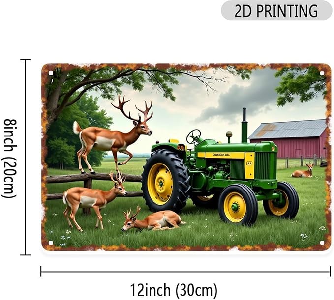 Deer And Tractor Vintage Farm And Wildlife Metal Sign Print Aesthetic for Garden Yard Bar Porch Home Bedroom Kitchen Wall Decor Gift 8 X 12 in