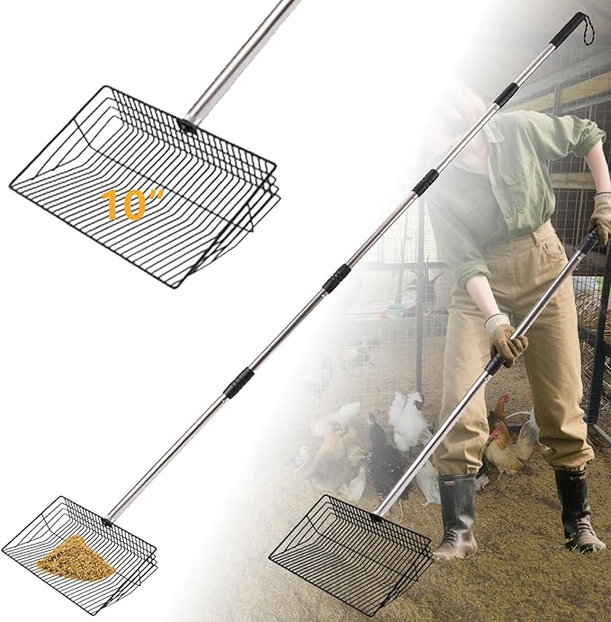 HitTopss Metal Chicken Poop Scooper, Large Chicken Coop Scoop with 24" to 68" Adjustable Stainless Steel Handle, Litter Sifting Shovel Chicken Coop Ccooper for Sand, Pet, Chicken, Cat (10 inch)