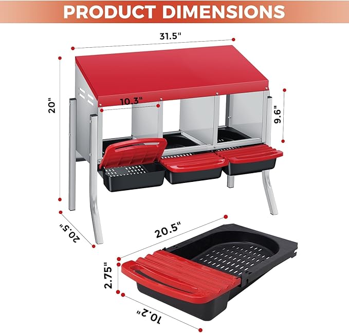 Chicken Nesting Boxes with Rollout Egg Collection – 3-Compartment Metal Hen Nest Box with Removable Trays, Slanted Roof & Ventilation, Wall Mount or Standing for Backyard Poultry Coop, Red