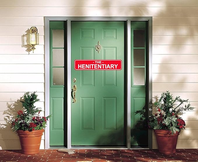 The Henitentiary Sign Chicken Coop Rustic Metal Street Sign or Door Name Plate Plaque Home Patio Garden Bar Farm House Garage Wall Decor Red Tin Signs 16 X 4 Inch