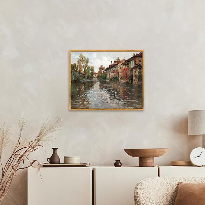 Vintage Farmhouse Framed Picture Nature Scenery Painting European Village Artwork River Village Wall Art French Landscape Canvas Colorful Farmhouse Pictures English Country Wall Art 8x10inch Framed