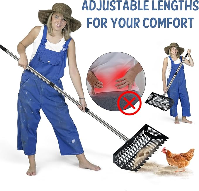 Upgraded Chicken Coop Poop Scooper and Rake, Stainless Steel Chicken Coop Scoop for Sand with Adjustable Handle, Cat Dog Litter Sifting Shovel for Farm, Garden, Yard Cleaning Tools Accessories