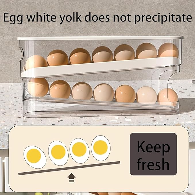 Auto Rolling Egg Holder for Fridge, Space Saving Eggs Dispenser, Sturdy and Durable Egg Traywith Lid, Stackable Fridge Container and Storage for 14 Large Eggs(1PCS)