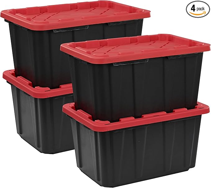 CX BLACK & YELLOW, XTRA TALL 27-Gallon Heavy Duty Tough Storage Container & Snap-Tight Lid, (28.5L x 19.4W x 15.2H), Weather-Resistant Design and Stackable Organization Tote [4 Pack]