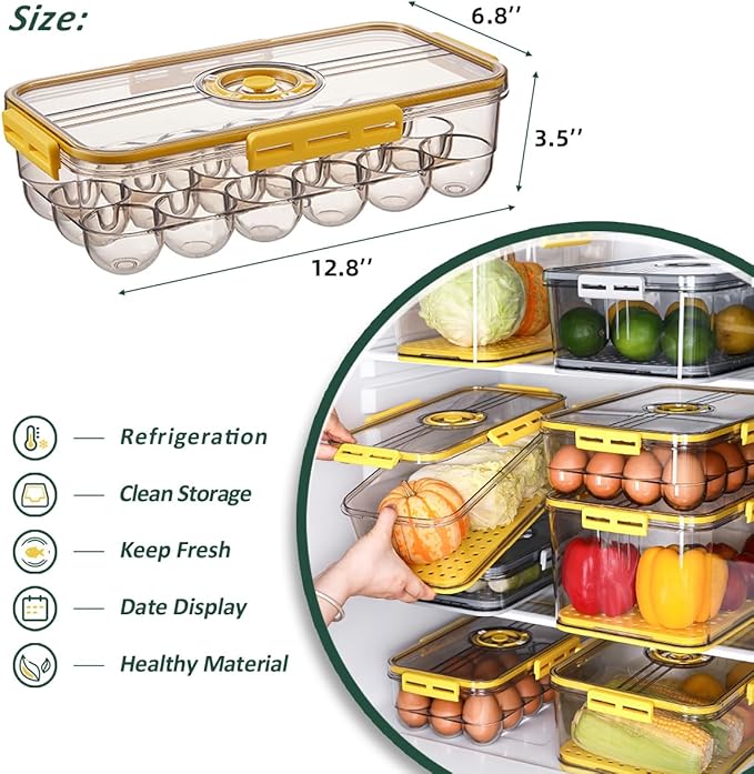 CottonColors Egg Holder for Fridge 18 Container for Refrigerator Plastic Organizer for Refrigerator Stackable Storage With Lids for Timer(2 pack)