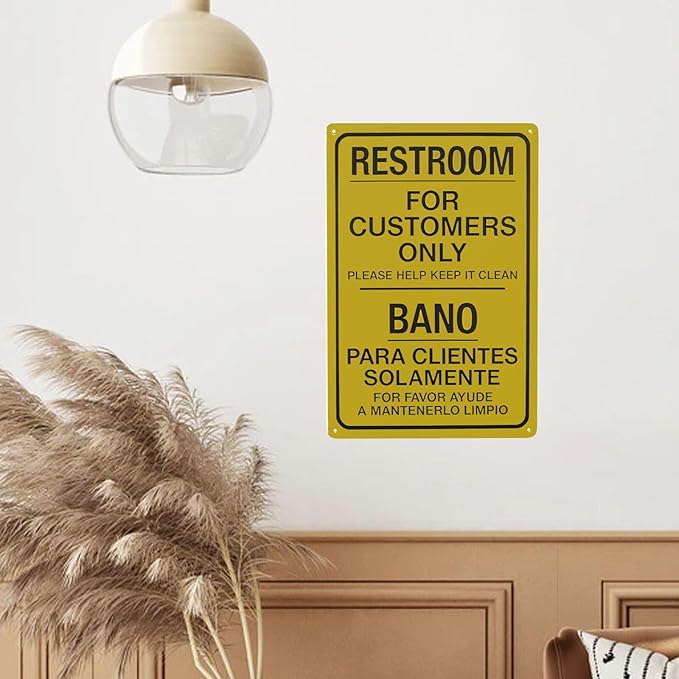 Restroom For Customers Only Please Help Keep It Clean Bilingual Metal Warning Sign, Caution Security Poster for Road Street Home Business Wall Decor Safety Tin Signs 12 x 8 Inches