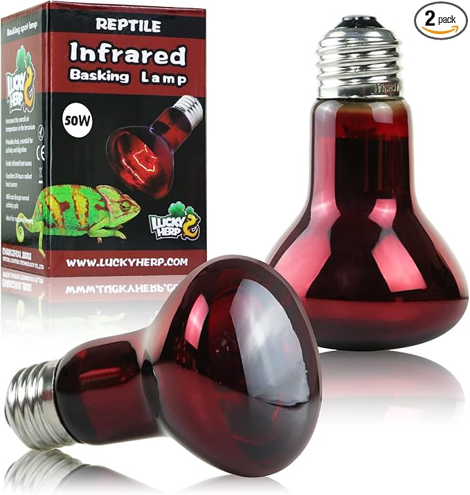 LUCKY HERP 50W Reptile Heat Lamp Bulbs 2 Pack, Reptiles & Amphibians Infrared Basking Spot Lamp, Heat Light Bulb for Turtle, Bearded Dragon, Lizard