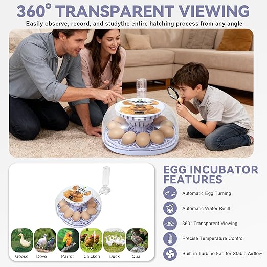 1st Gen - 12 Egg Automatic Incubator, Steady Humidity with Auto-Refill, Stable Temp Control, Auto Egg Turning, Candler, Real-Time Display for Hatching Chicken, Goose, Duck, Quail, Pigeon, and Turkey