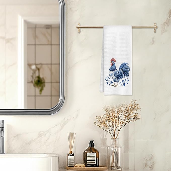 Chinoiserie Chicken Kitchen Towels, Chicken Lover Mom Lady Gifts Decorative Dish Tea Towels for Kitchen, Blue and White Floral Hen Hand Towels for Bathroom, 16x24 Inches