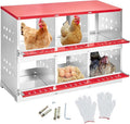 Metal Chicken Nesting Boxes - 6 Hole Wall-Mountable Laying Boxes with Roll-Away Egg Collection, Weatherproof Galvanized Steel, for Chicken Coop, Red