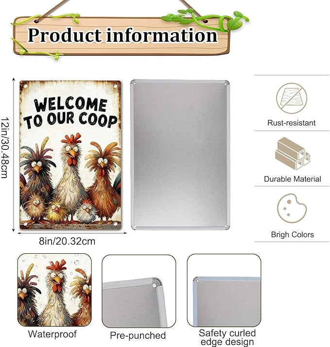 Funny Chicken Metal Decor Sign Vintage Metal Tin Sign Wall Art Decor Welcome To Our Coop Chicken Coop Signs for Outdoor Decorations Gifts for Women and Hen Lovers 8 X 12 Inch