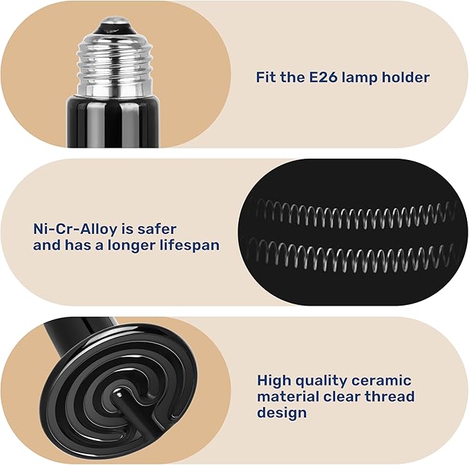 YSSOA 75W Ceramic Heat Emitter Bulb, No Light Reptile Heat Lamp Tank Heat Bulb for Lizards, Bearded Dragons, Turtles, Chickens, 4 Pack