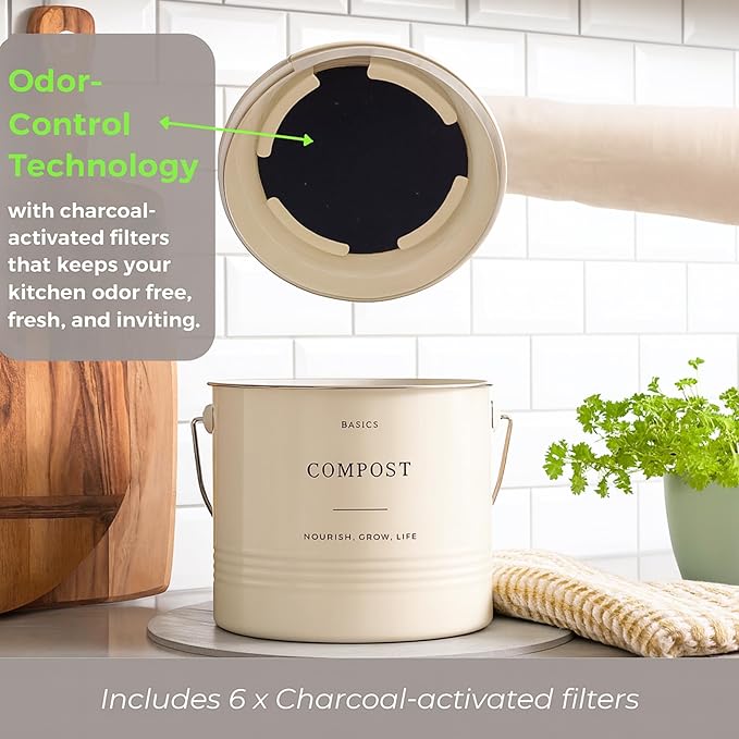 D'Lifeful Kitchen Compost Bin – 1.3 Gallon Countertop Farmhouse Compost Container with Lid – Odorless Indoor Food Scrap Pail with 6 Charcoal Filters – Eco-Conscious and Easy to Clean - Cream