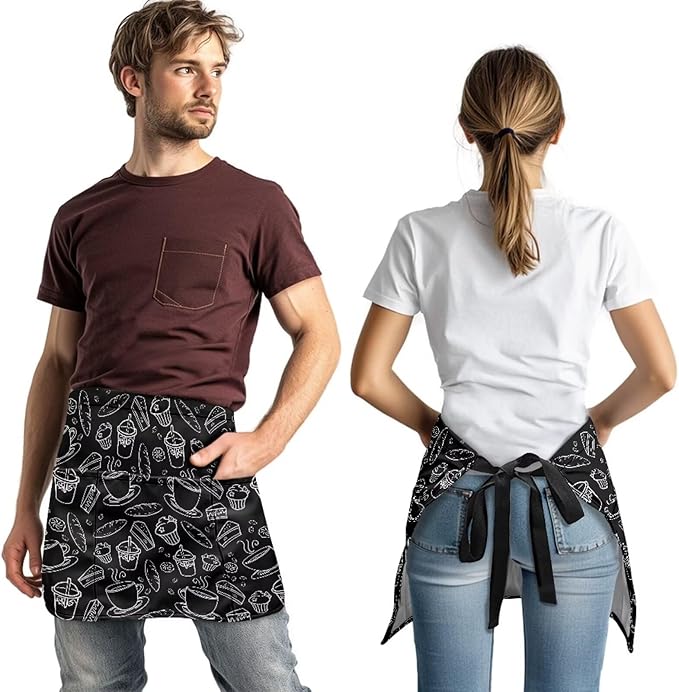 Waist Apron with 3 Pockets Waterproof 13 Inch Short Half Waist Aprons Women Men Server Aprons Waitress Waiter Apron