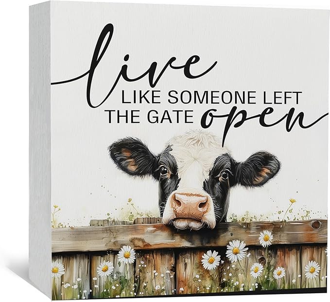 Cow Signs - Farm Cottagecore Animal Office Kitchen Bedroom Decor,Rustic Farmhouse Live like Someone Left the Gate Open Home Decor Wooden Signs,Cow Gifts for Women,6x6