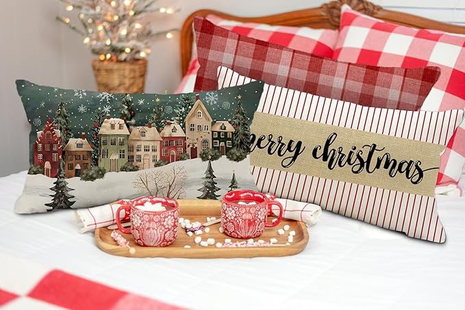 Christmas Lumbar Pillow Cover 12x20 Inch Green Wonderland Forest Tree House Decoration Holiday Farmhouse Pillow Case Decor for Home Sofa Couch