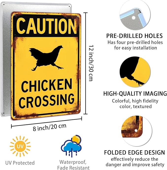 Caution Chicken Crossing Funny Warning Tin Sign Funny Farmhouse Security Warning Sign Vintage Metal Wall Decor Novelty Farmhouse Chicken Coop Decor 8x12 Inch
