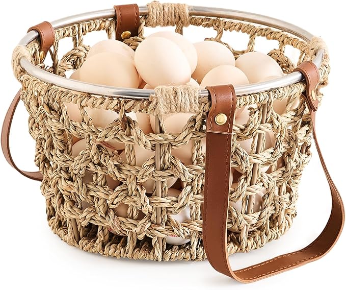Farmhouse Seagrass Egg Baskets - Handmade Wicker Egg Collecting Basket with Handle