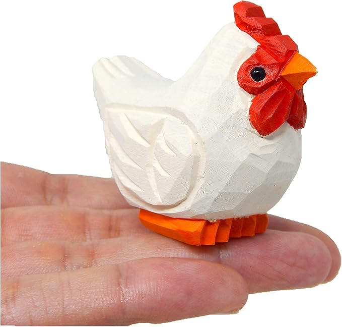Hand-Carved White Hen Figurine - Miniature Wood Chicken Bird Art Statue Mini CarvedFigurine, Small Farm Animals, Handmade Carved Ornament for Rustic Home Decor & Collectibles