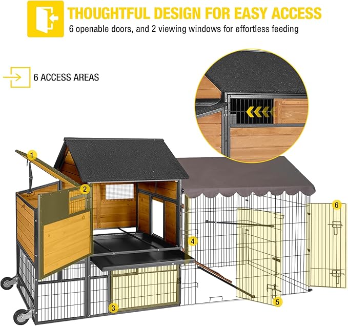 Large Chicken Coop for 4-6 Chickens, All-Steel Frame Hen House Poultry Cage with Waterproof Cover, Nesting Box & Metal Run