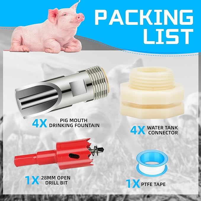 4PCS Pig Nipple Water Drinker for Barrel Kit, Stainless Steel Pig Waterer Nipple with Water Tank Connector Kit, Automatic Pigs Drinker Feeder Hog Waterer for Pig Goats Swine Piglets Drinking