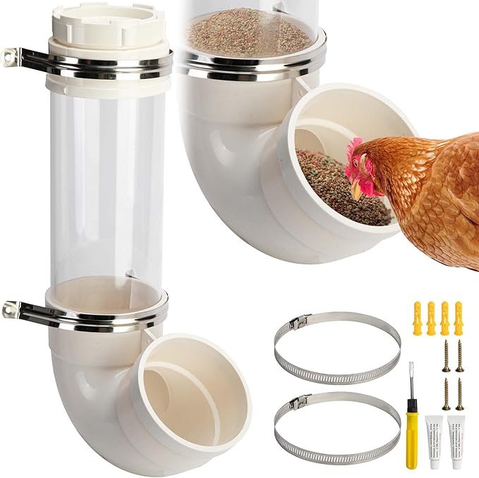 EBaokuup Visible Automatic Chicken Feeder-17 Inch PVC Pipe Poultry Feeders No Waste-Large Hanging Gravity Chicken Feeder for Coop Ducks Turkeys Geese(5.6 Pound)