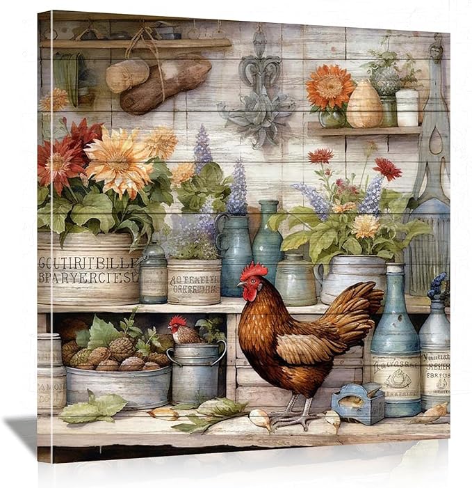 Framed Chicken Wall Art 16x16 Inch Rooster on Flower Stand Canvas Print Farmhouse Country Style Artwork for Kitchen Living Room Rustic Home Wall Decor (Rooster 4, 20L×20W)