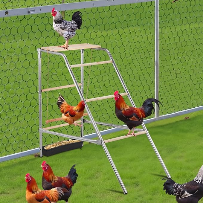 VINGLI Chicken Roosting Bars for Coop, Chicken Perches with Swing and Removable Food Box, Chicken Ladder Toys for Backyard Farms (19.3" L x 42.0" W x 39.4" H)