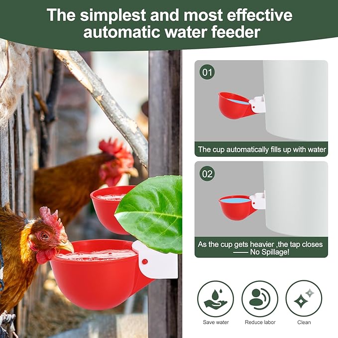 Chicken Waterer Cups (16 Pack/Red) - DIY Automatic Large Chicken Water Feeder for Ducks Quail and Various Poultry Dispenser with Matching Drill, Double Rubber Ring, Not Leaking Wate…