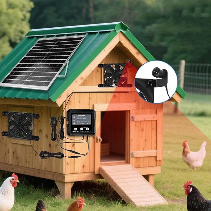 Chicken Coop Solar Fan, Durable Chicken Coop Ventilation Fan with Timer Function, Smart Sensing System, Strong Exhaust Fan with Solar Panel for Chicken Coops Greenhouses