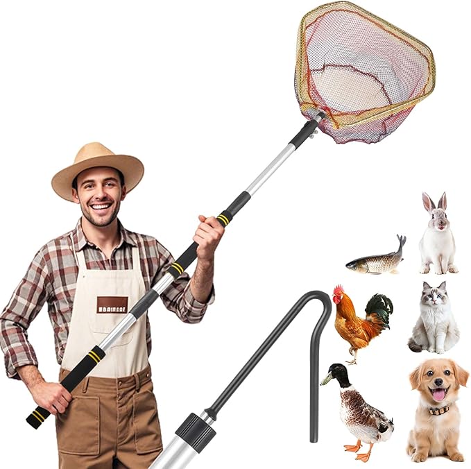 Chicken Catcher Net,37 to 93in Chicken Catcher Leg Hook Extra Long Handle Animal Catcher Pole Heavy Duty with Frosted Tube Extension Pole Poultry Hook Fowl Catcher (Stainless Steel Tube)