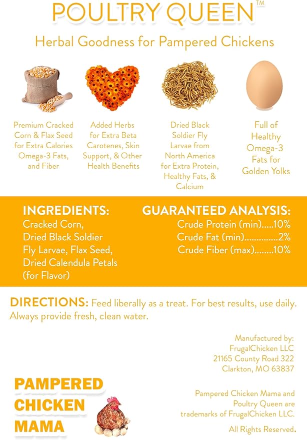 Pampered Chicken Mama Mealworm, Corn, Flax, & Herb Treat for Backyard Chickens, Healthy Layer Feed & Supplies for Pet Chickens Poultry Queen Treat for Hens (3 pounds)