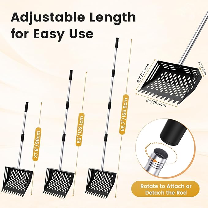 2-in-1 Chicken Poop Scooper & Rake, 38 to 66" Adjustable Stainless Steel Chicken Coop Scoop for Sand Chicken Litter Scoop with Handle Litter Sifting Shovel for Chicken Coops & Pet Waste