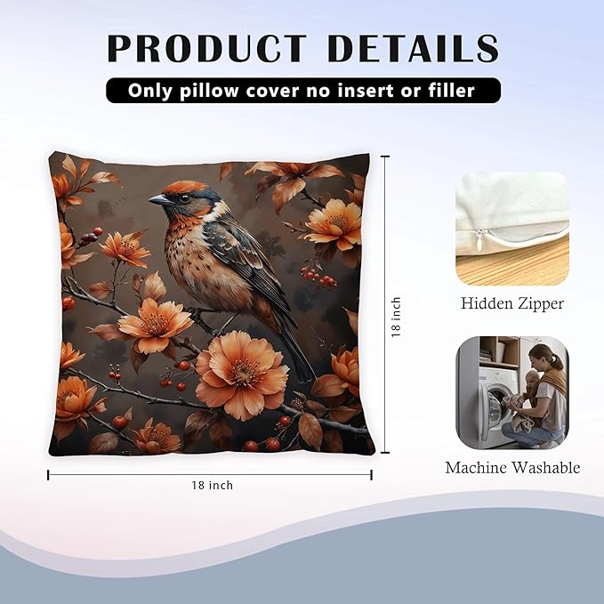 Vintage Floral Bird Pillow Covers 18x18, Bird Decor for Home, Cottagecore Floral Botanical Birds Nature Throw Pillow Covers for Home Living Room Bedroom